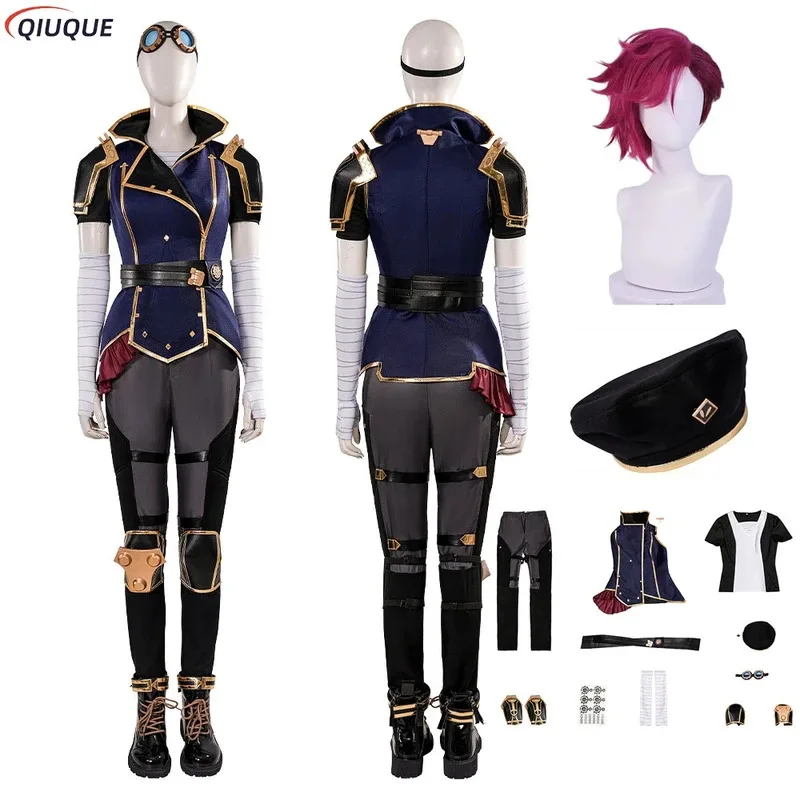 

Game LOL Anime Arcane Season 2 Vi Cosplay Costume Wig Shoes Jacket Coat Hat Glasses Tattoo Sticker Accessories Props cfx