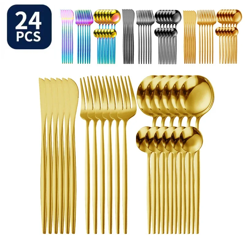 

24pcs Gold Stainless Steel Cutlery Set Forks Knives Tea Spoons Dinnerware Tableware Wedding Dishwasher Safe Kitchen Supplies
