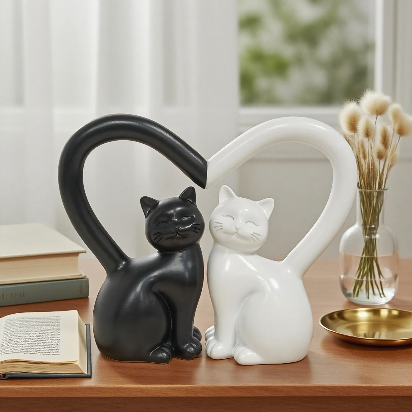Minimalist Black and White Cat Heart-Shaped Ornaments, Resin Couple Cats Home Decor, Living Room Entryway Tabletop Soft Decor