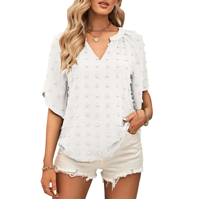 Women Summer Flared Half Sleeve Notched V-Neck T-Shirt Elegant Swiss-Dot Pompom Casual Loose Fit Chiffon Blouse Top