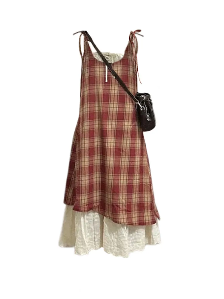 Vintage Fashion Square Collar Plaid Spaghetti Strap Dress Summer Women New Design Fake Two Pieces Bow Straight One-Piece Frocks