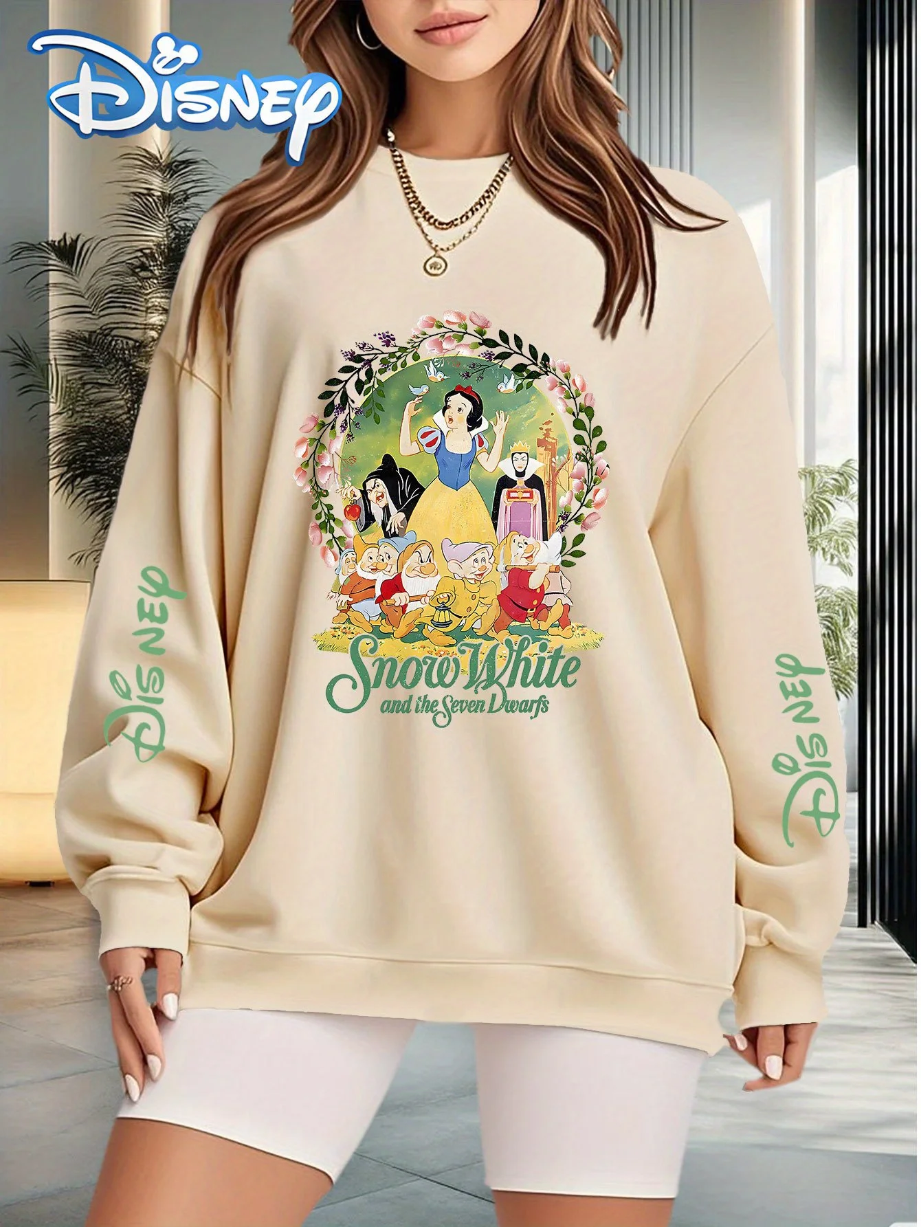 디즈니 컬렉션 백설공주와 그들 인형들 프린트 캐주얼 크루넥 여성용 스웨트셔츠 가을/겨울 풀오버 스웨트셔츠