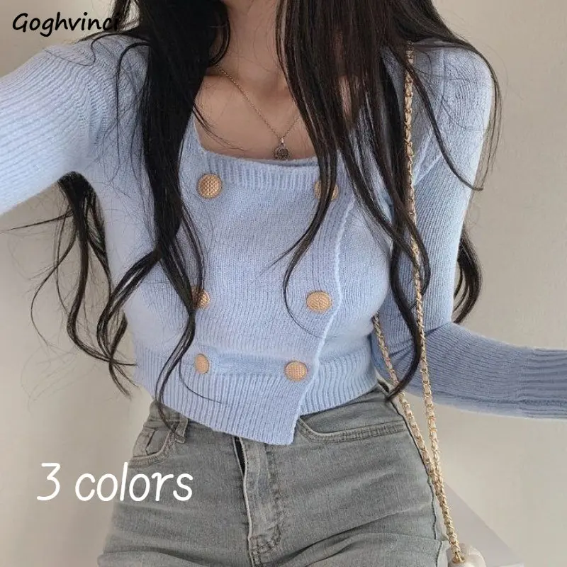 Cropped Pullovers Women Slim Long Sleeve Knitwear Korean Style Ins Sexy Fashion Chic Vintage Button Design Casual New Pull Mujer