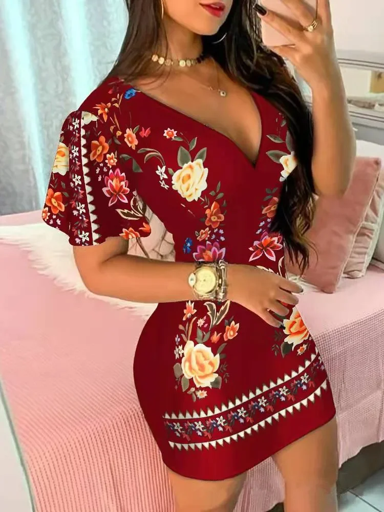 Elegant Floral Print Bodycon Mini Dress for Women 2024 Fashion New Sexy Deep V-neck Package Hip Dresess Office Lady Party Dress