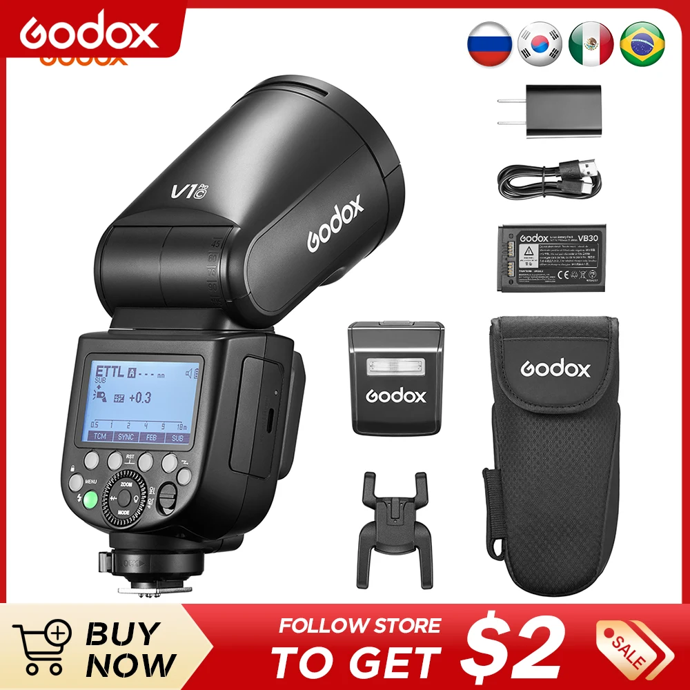 

Вспышка Godox V1 Pro TTL, литий-ионная круглая головка для камеры, беспроводная передача, для Olympus, Canon, Nikon, Sony, Fuji