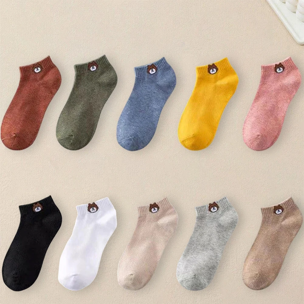 10 Pairs Women Cartoon Teddy Bear Patterned Ankle Socks Cute Fashionable Versatile Socks Antibacterial Breathable Casual Socks