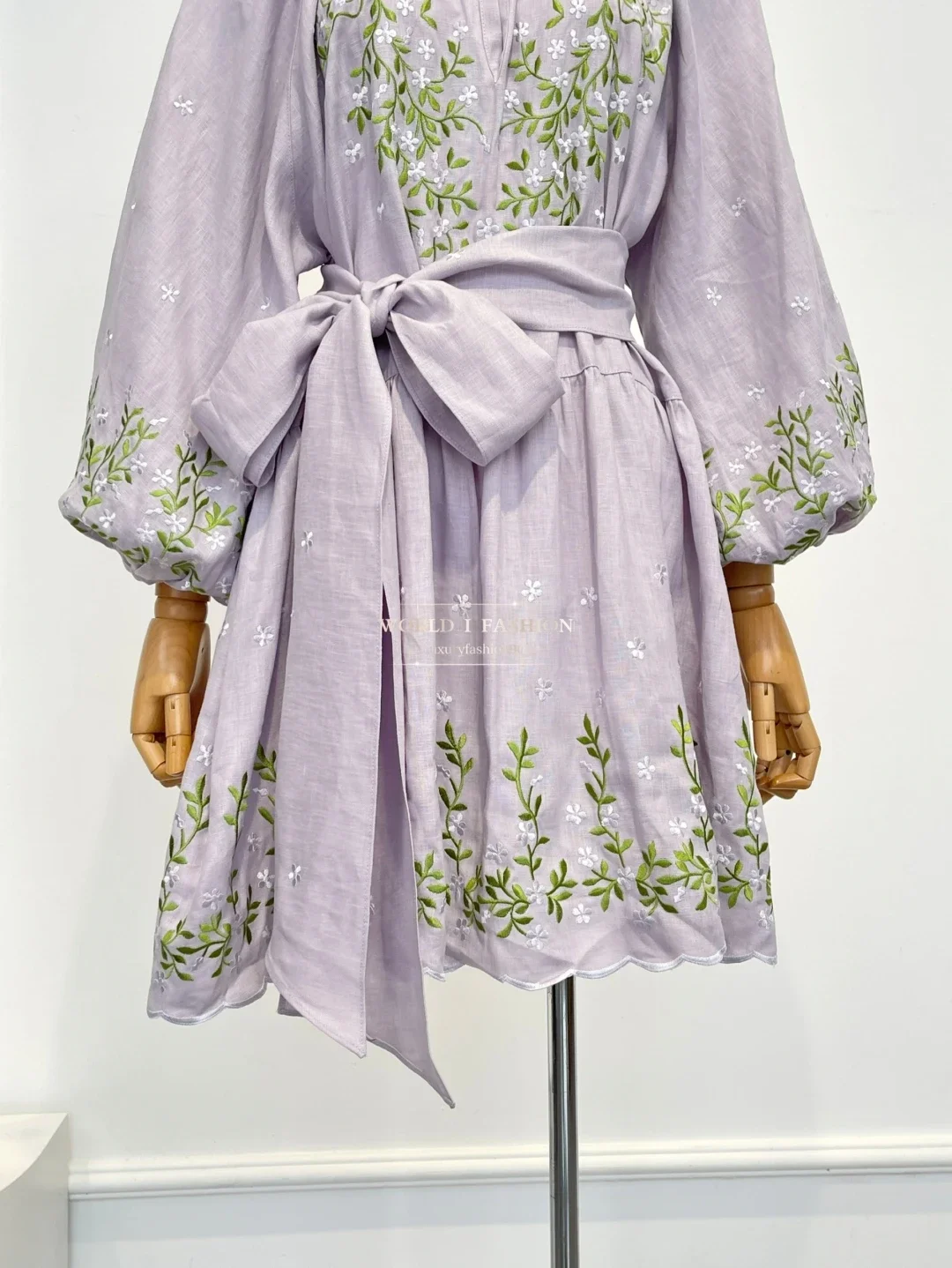2025 New Women's Violet Vine Embroidery Long Sleeve Pleat Mini Dress High Quality Linen