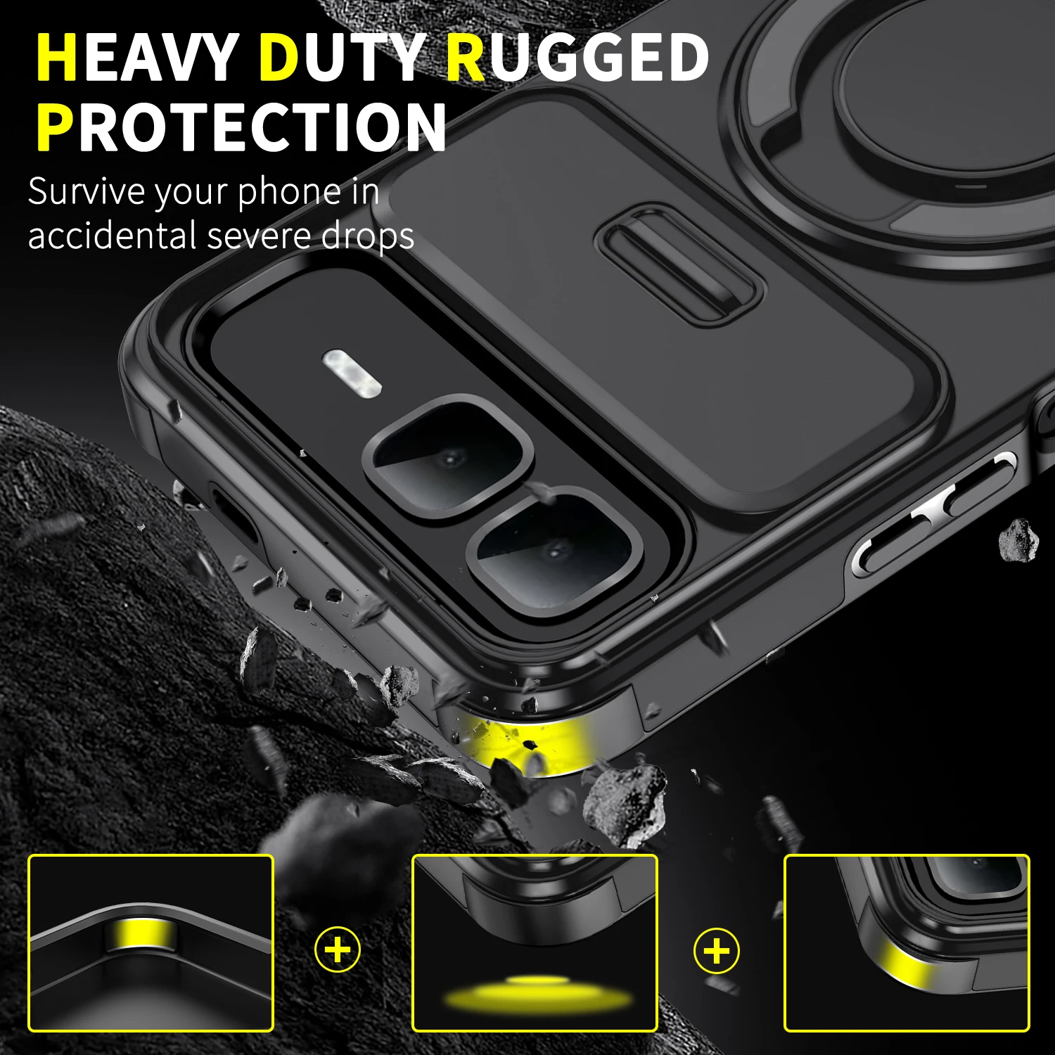 حافظة هاتف بحامل مغناطيسي لهاتف انفينيكس سمارت 10 بلس حماية عدسة الكاميرا المنزلقة إطار من البولي يوريثان غطاء خلفي من البلاستيك الصلب Fundas