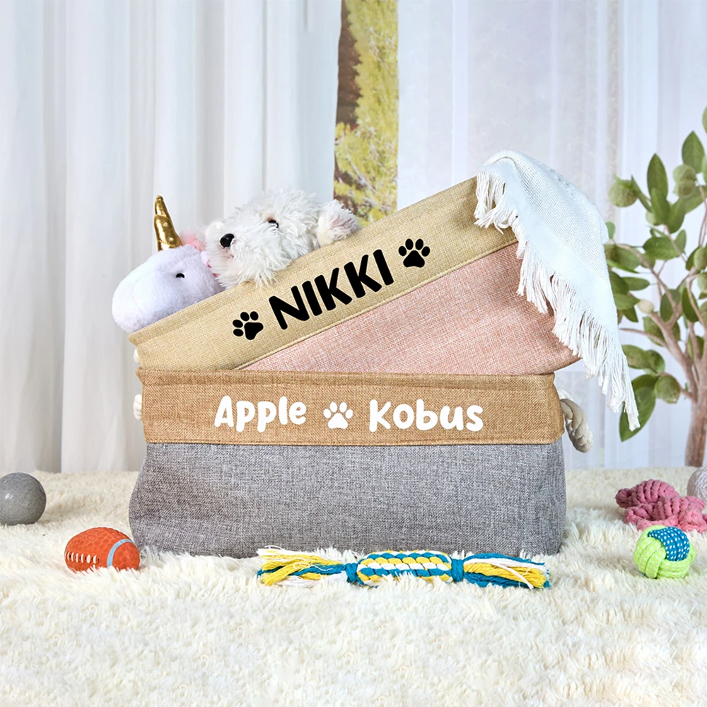 Personalized Pet Toy Storage Basket Custom Name DIY Canvas Collapsible Box Free Print ID Dog Cat Accessories Home Organize Tool