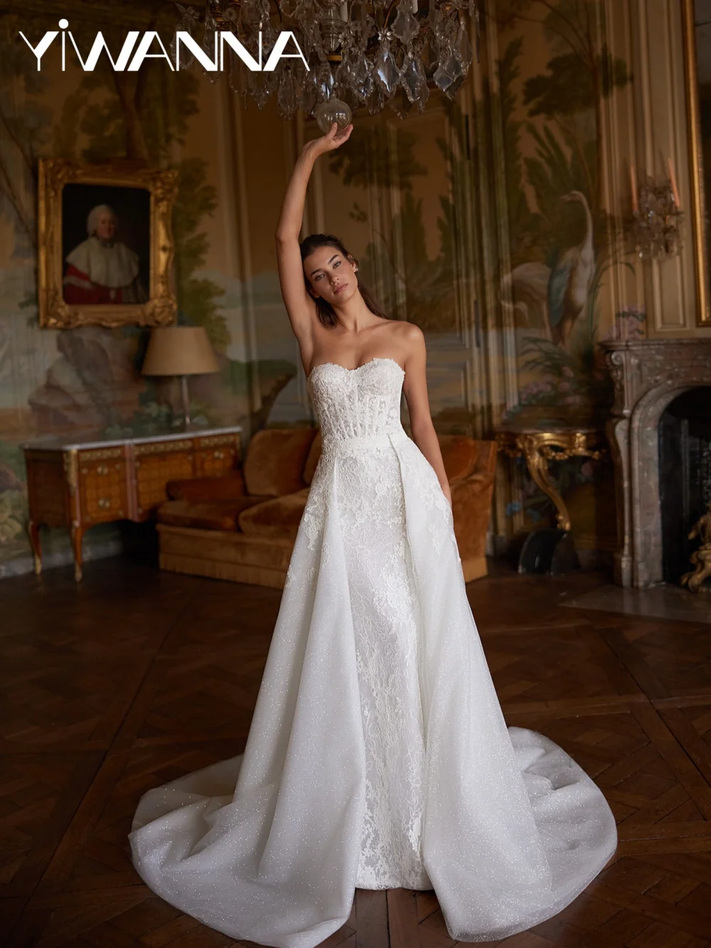 

Dazzling Lace Appliques Mermaid Wedding Dress Detachable Train Strapless Bridal Gown Customized Glamorous Dresses For Bride