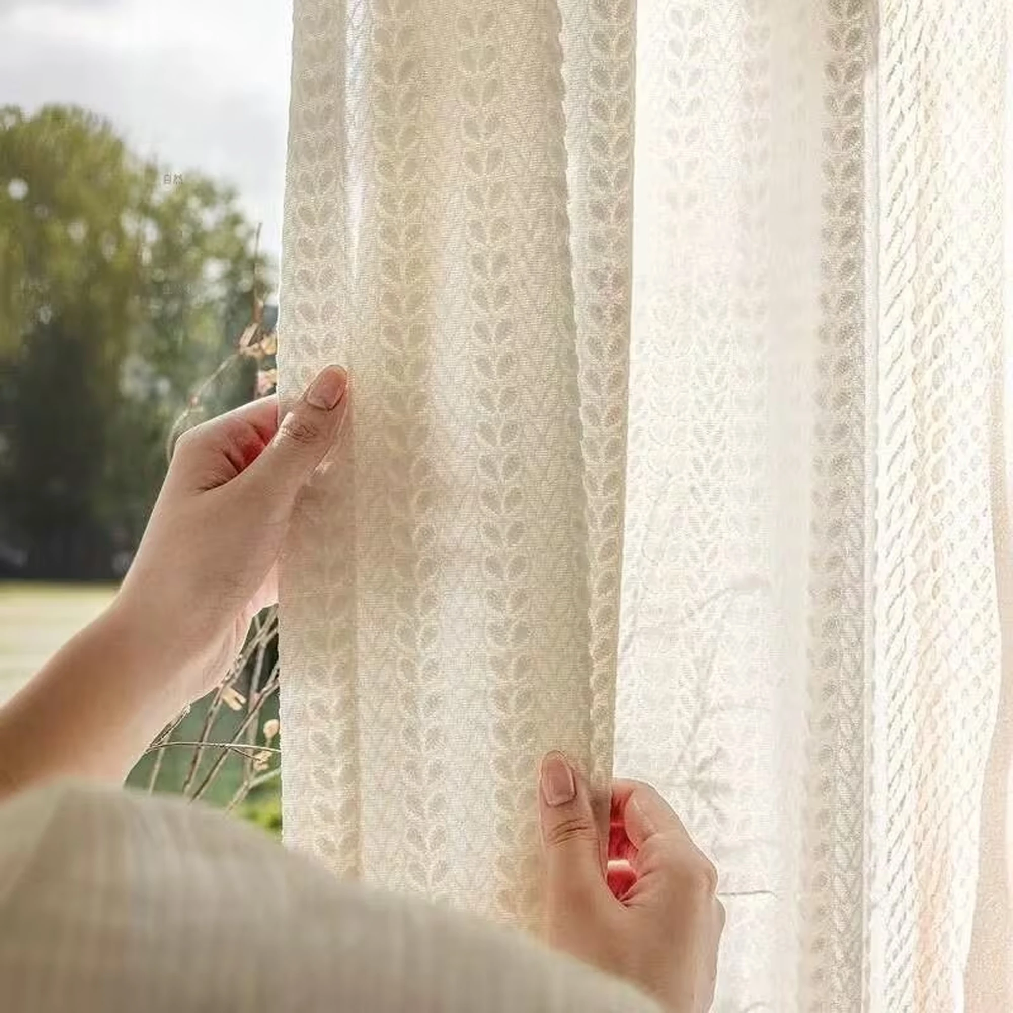 1pc French Cream Wheat Embossed Sheer Curtain, Bedroom Soft Light Eye Protection, Transparent Not Visible, Universal Fit