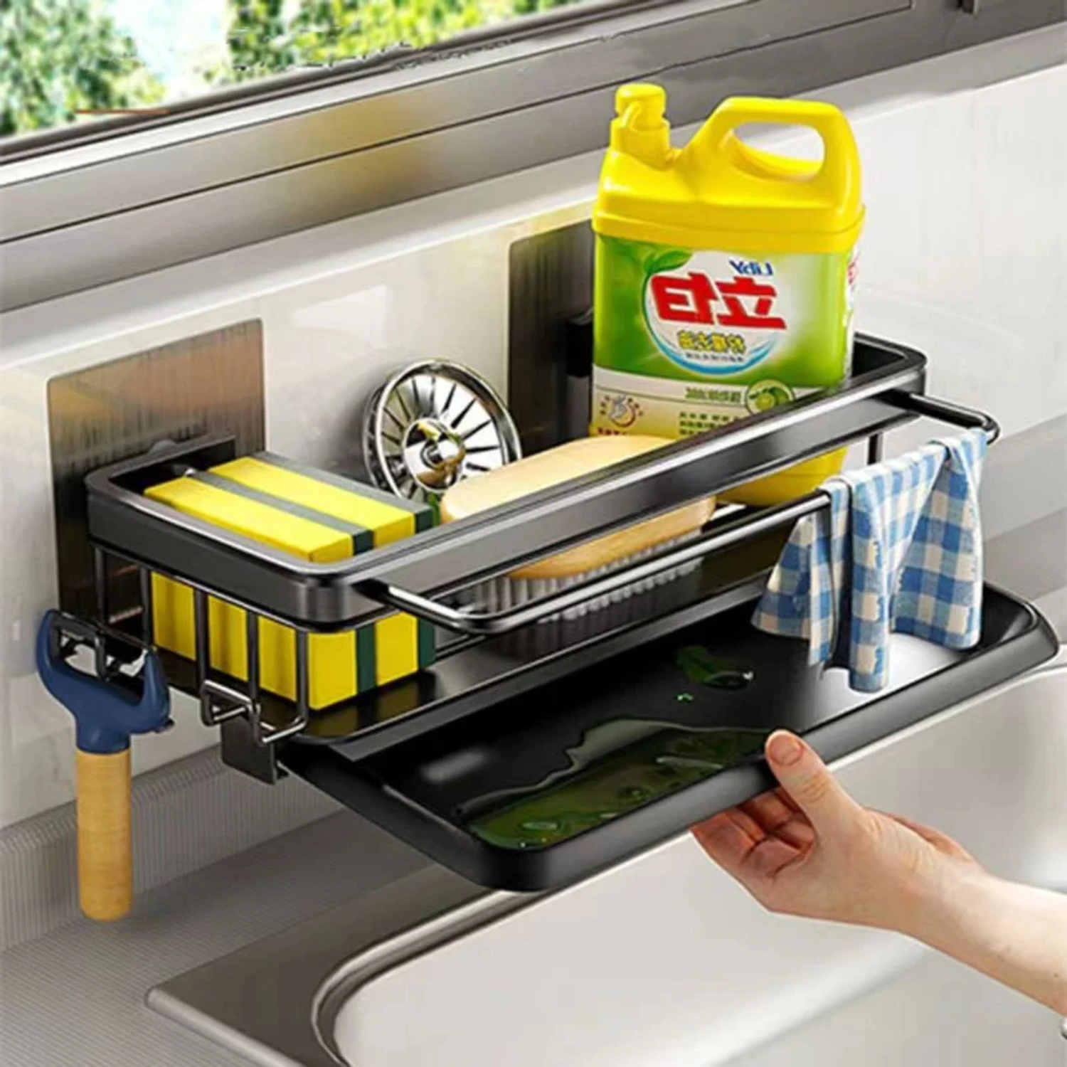 Space Aluminum Kitchen  Rack Sink Drain Rack Sponge Organizer Hanging Soap Drainer Shelf Basket Bathroom Shampoo Shelves