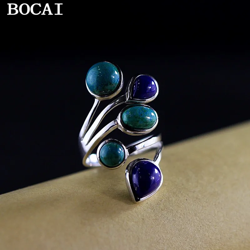 

BOCAI New S925 Silver Jewelry Fashion Elegant Lady Phoenix Stone Collocation Lapis Ring