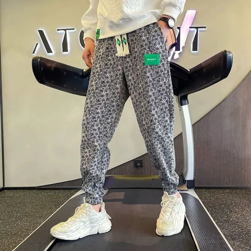 Advanced Feeling Houndstooth Bound Feet Men Summer 2024 New High Street Trend Loose Printing Elastic Waist All-match Trousers