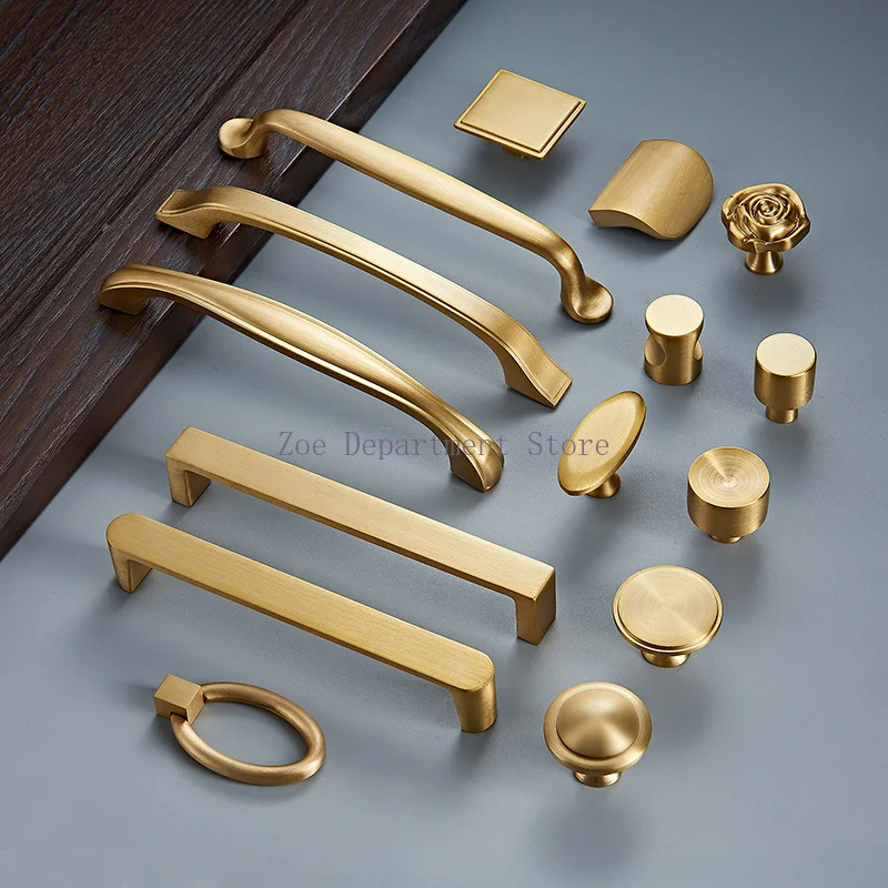 Brass matte brushed gold door handle modern simple American round all copper handle drawer wardrobe door light luxury