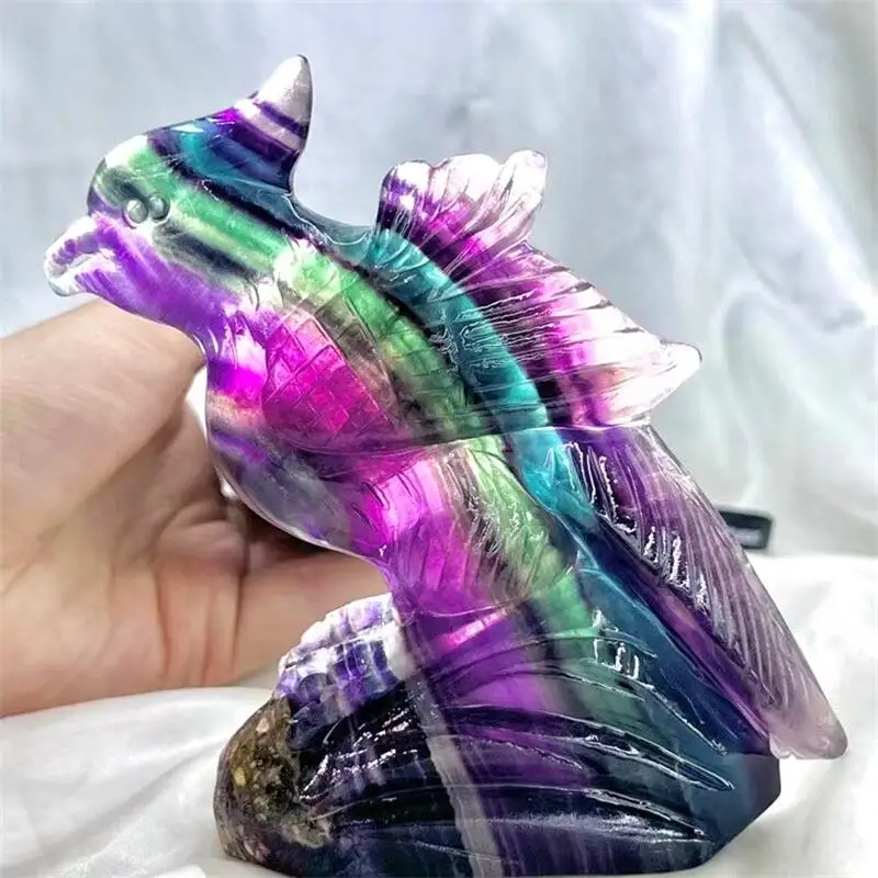 

12cm Natural Rainbow Fluorite Parrot Crystal Stone Hand Carved Animal Figurine Healing Crafts Home Decoration As Gift 1pc