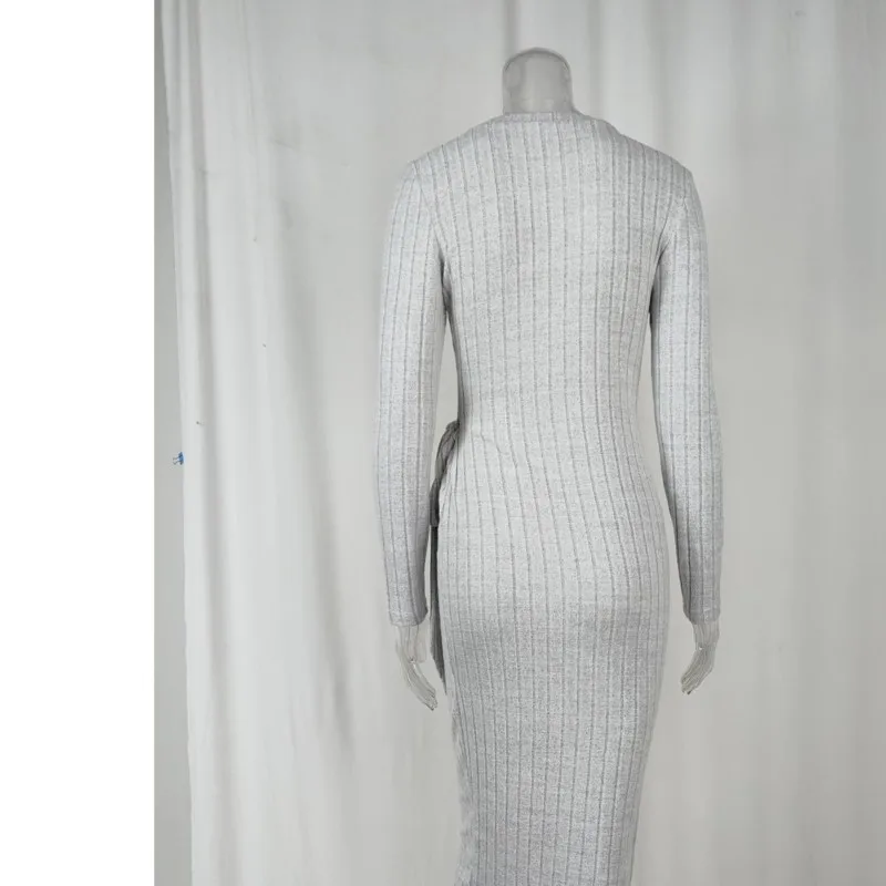 Elegant Women\'s Solid Color Knitted Sweater Dress Round Neck Long Sleeve Lace Knitted Slimming Split Dress Autumn 2024 New Item