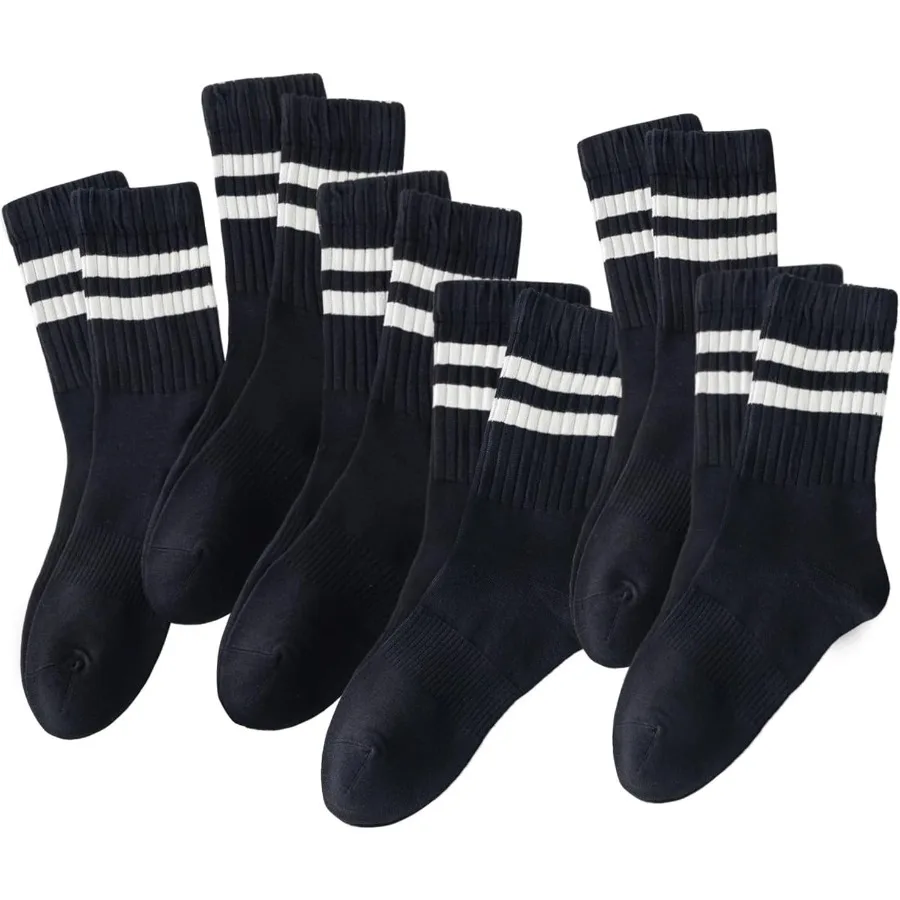 

Striped Crew Socks for Women and Men in Black and White Retro Vintage Style Half Calf Long Tube Casual Socks 6 Pairs for Everyd