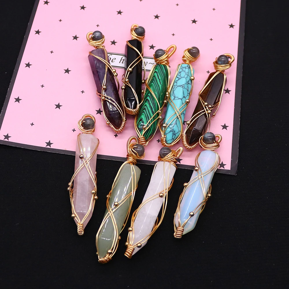 Prismatic Natural Crystal Point Pendant Hand‑twisted Brass Wire Wrapped Stone Bar with Accent Bead Dual‑end Bail Amulet Charm