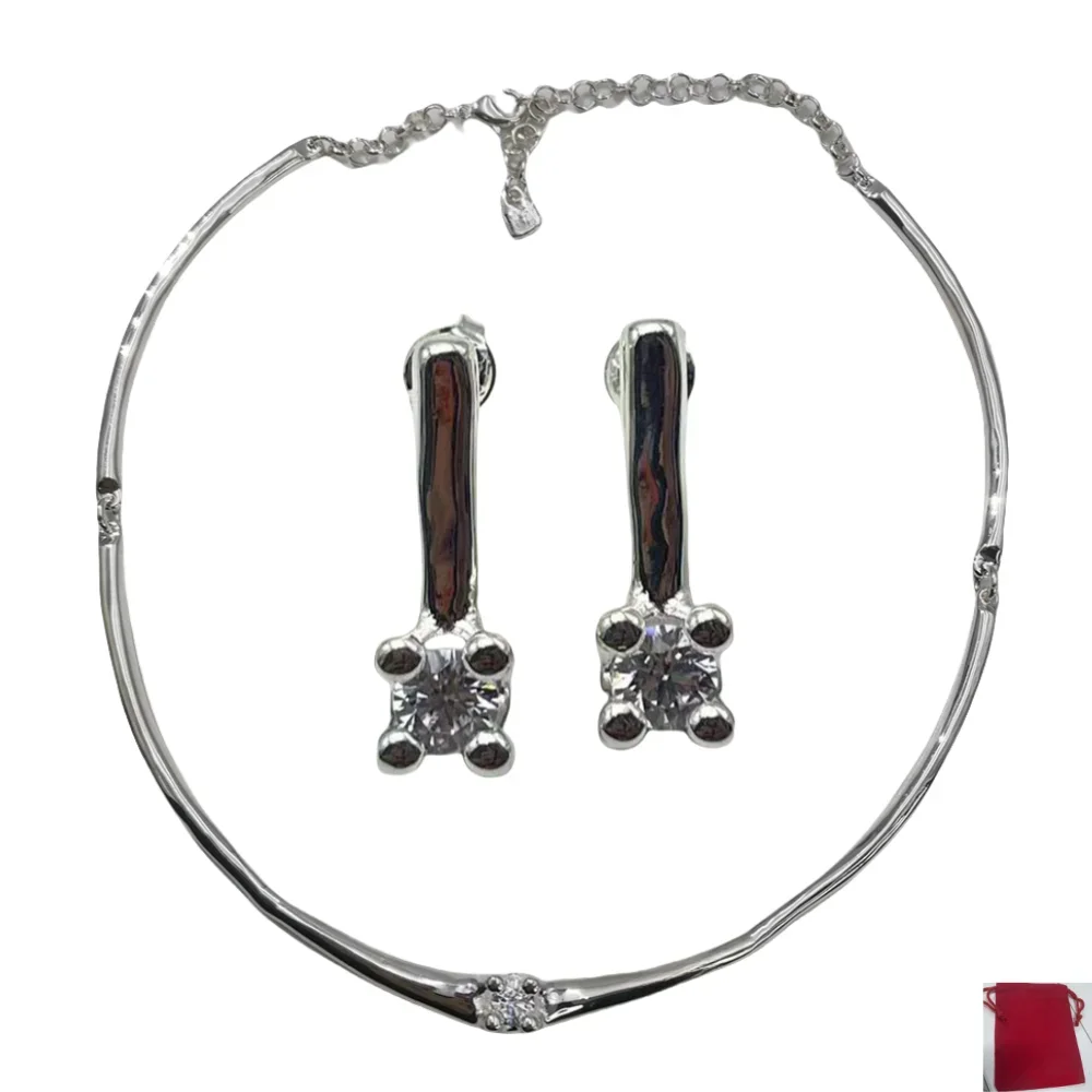 2026 Spain Versatile Exquisite Gold and Silver Four Claw Zircon Earrings Necklace Two Piece Set Holiday Gift