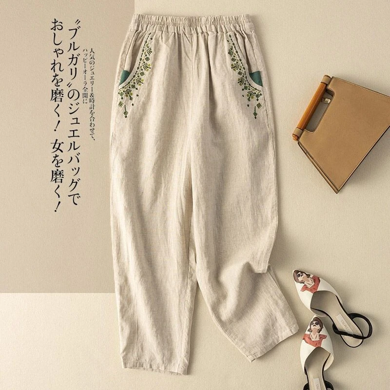 Women's Cotton Linen Retro Harem Pants Summer 2026 Leisure Embroidery Crop Elastic Waist Loose Fit Cropped Trousers