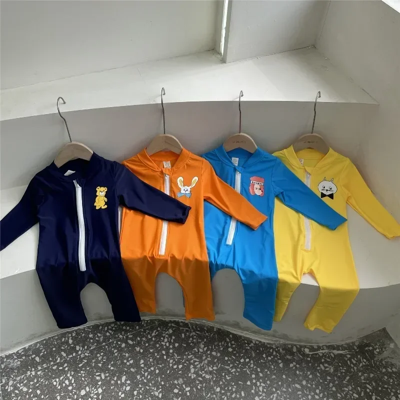 New Summer Baby Girls Boys Swimwear Cartoon Print Zipper Long Sleeve One Piece Swimsuit Children Sunscreen Beach Clothes E23107