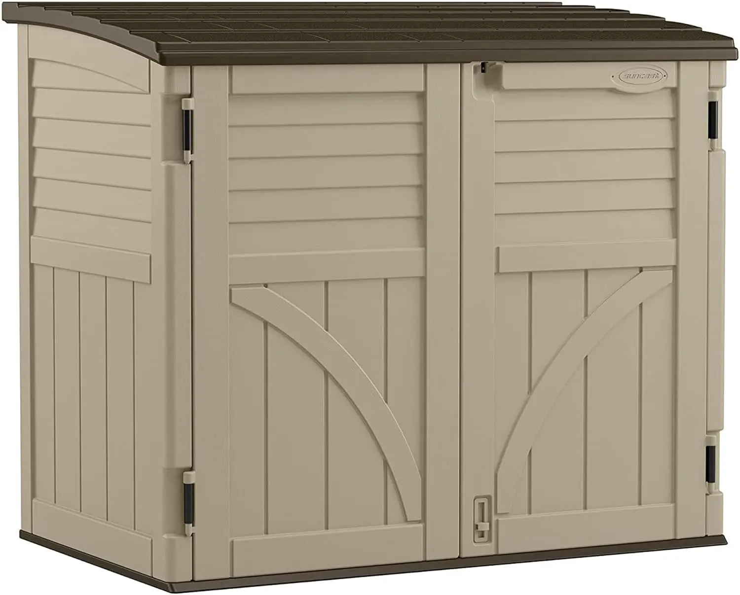 All Weather Lockable Horizontal Plastic Compact Storage Shed for Garden, Backyard, Patio, and Pool Supplies, Sand