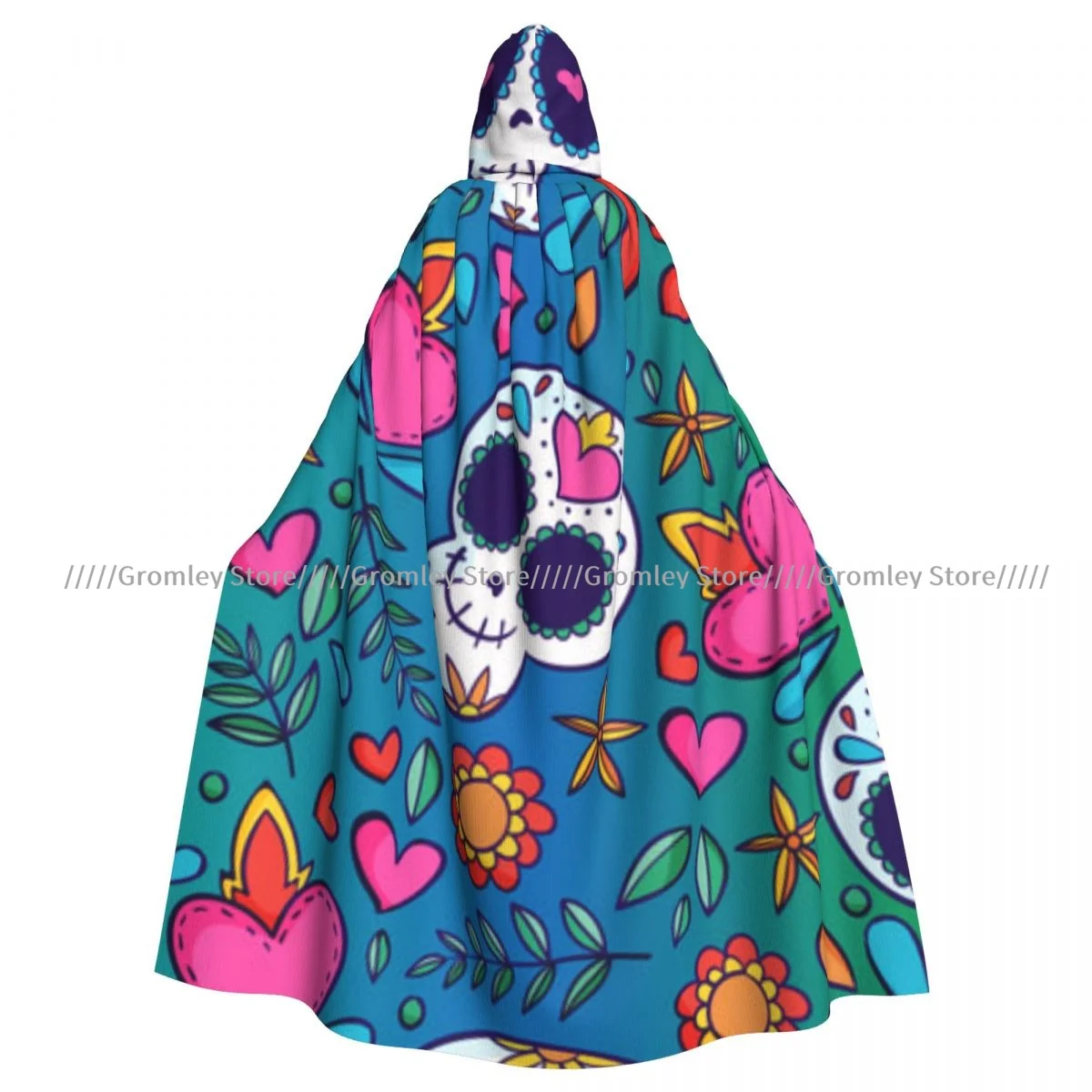 Adult Dia De Muertos Illustration Cloak Cape Hooded Medieval Costume Witch Wicca Vampire Halloween Costume Dress Coat