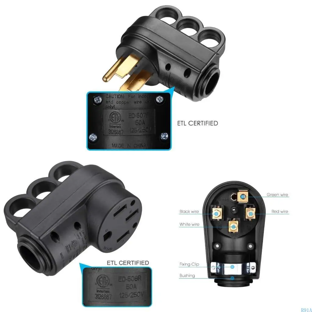 R91A 125V Motorhome Power Plug 50AMP Power Assembly Plug Feature Rear Puller Black