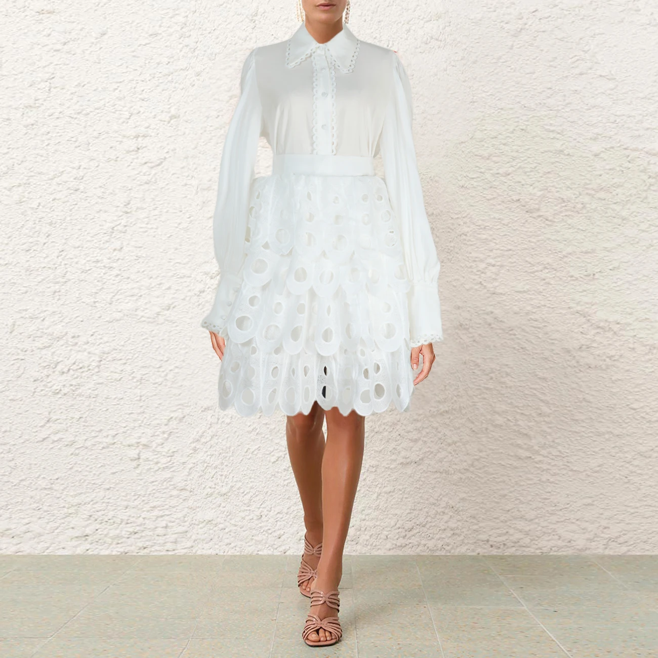 

2025 Spring Faion f Elastic Lace Trim Splicing Hollow out Silk Cotton Top ort Skirt Set Women's Button up Long Sve