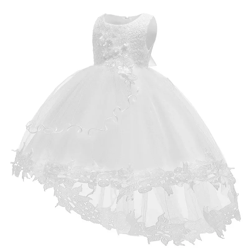 Girl Princess Dress Baby Baptism Lace Solid Long Tailing Dress 1 Year Birthday Party CarnivalBridesmaid Vestidos for 0-24Months