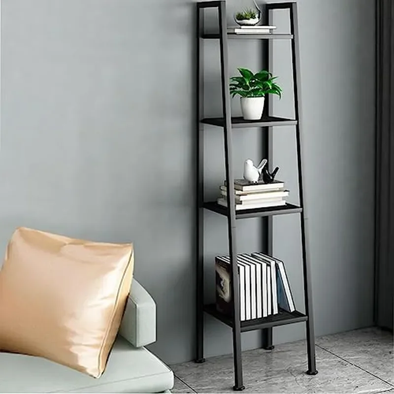Modern Metal Ladder Bookcase Multi layer storage rack with rectangular shelves floor to ceiling trapezoidal design for