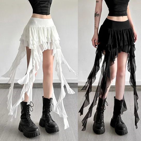 Aoaiiys White Skirts Women Irregular Ruffled Lace Mini Skirt Fashion French High Waisted A-Line Skirts Summer New Female Skirts