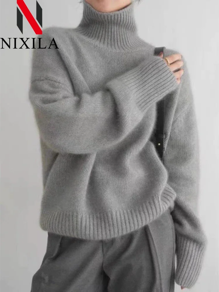 

Новинка осени и зимы, женский вязаный свитер с высоким воротником, топы большого размера с длинными рукавами, повседневный свободный джемпер, толстые теплые пуловеры для женщин