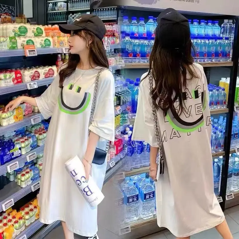 

Loose Mid-Length Black Printed T-Shirt Dress Women Summer New Style Korean Hi Style Asymmetrical Hemline A-Line Skirt Dress