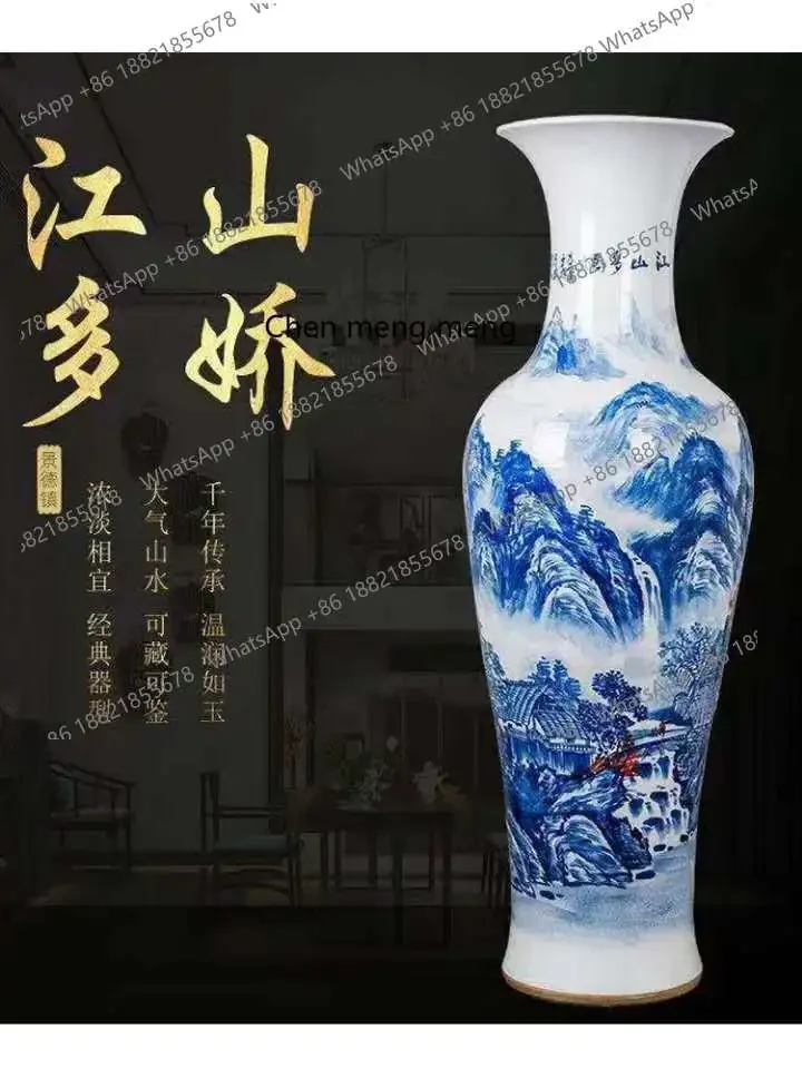 Jingdezhen ceramic hand-painted blue and white porcelain river 1.4 landscape landing large vase home furnishing hotel ornament