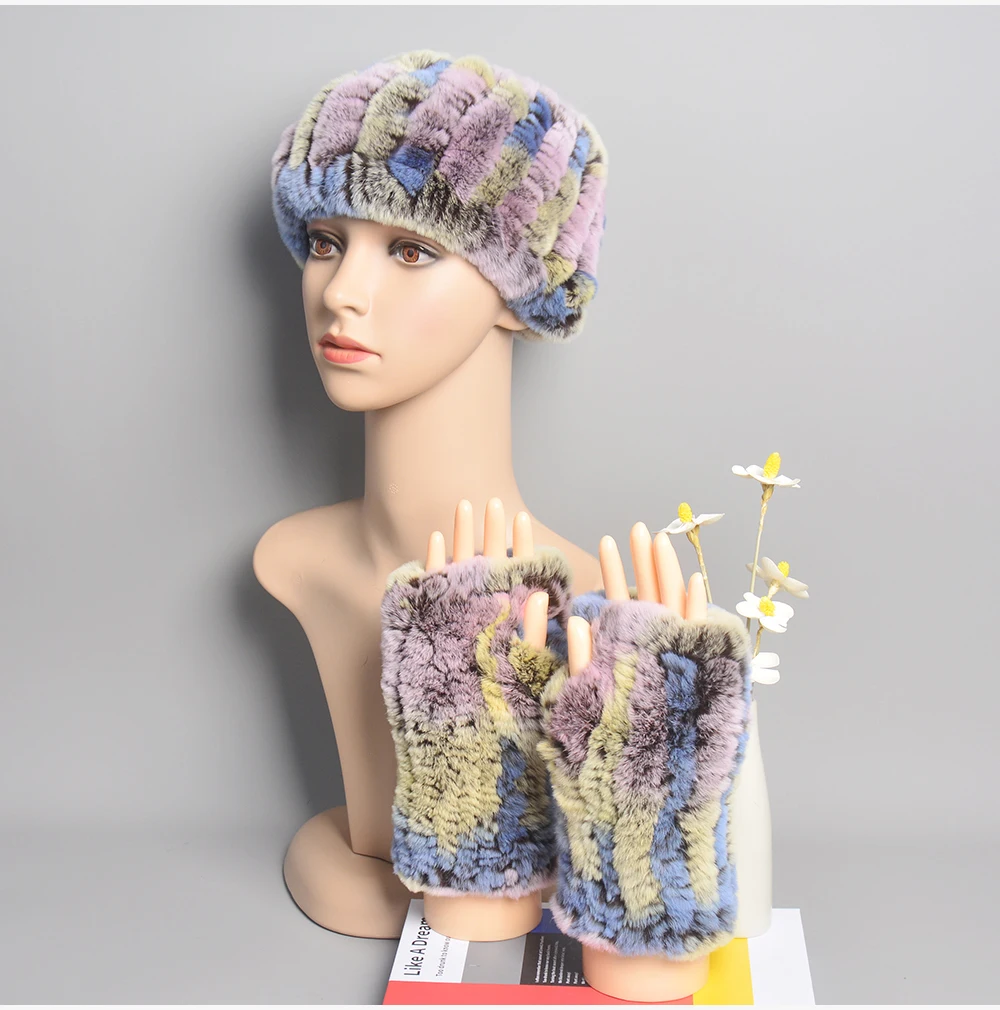 One Set Women Real Rex Rabbit Fur Cuff+Headband Winter Warmer Hat Arm Wrist Sleeve Gloves Female Real Fur Cap+Elastic Wristband