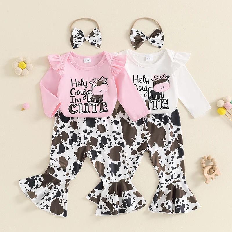 

Toddler Baby Girl Fall Outfits Letter Cow Embroidery Crew Neck Long Sleeve Romper with Flare Pants Headband 3Pcs Clothes Sets