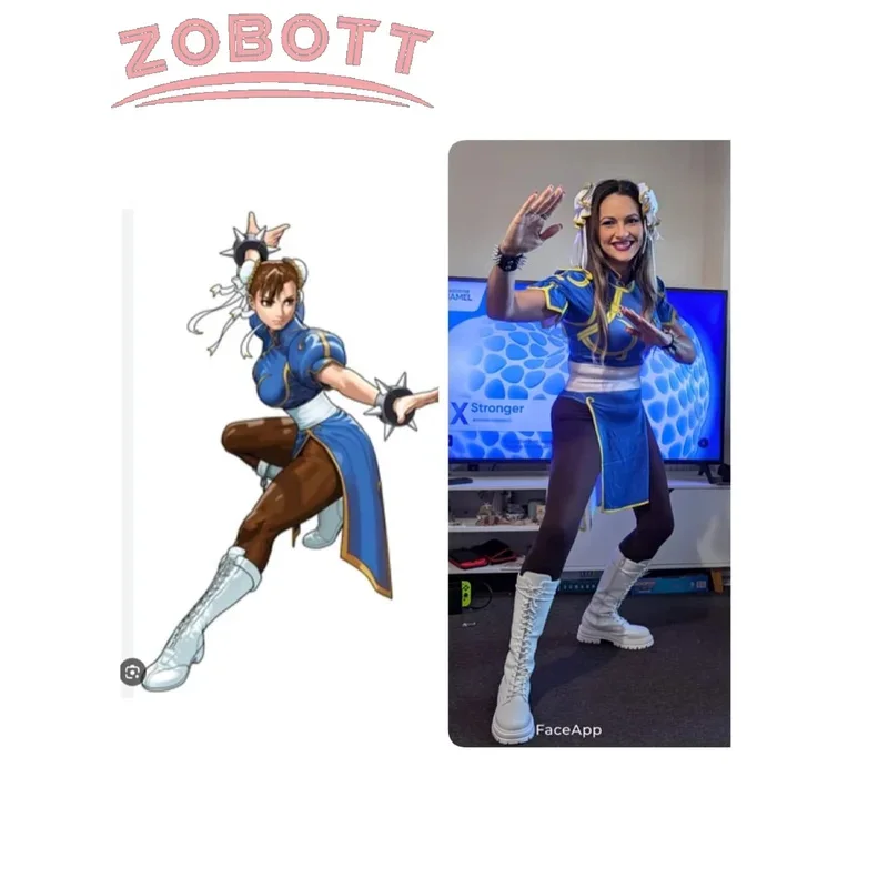 HN8 Chun Li Cosplay robe Costume jeu SF Chunli jeu de rôle bleu Qipao tenue ensemble complet Jackie Kung fu Halloween Costume de fête Fo) 4Dc