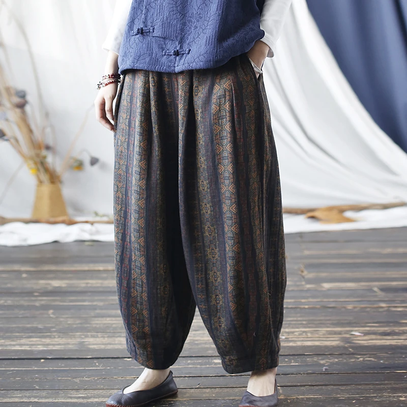 

Women Cotton Linen Harem Pants New 2025 Spring Vintage Style Geometric Print Loose Female Ankle-length Casual Pants M1583