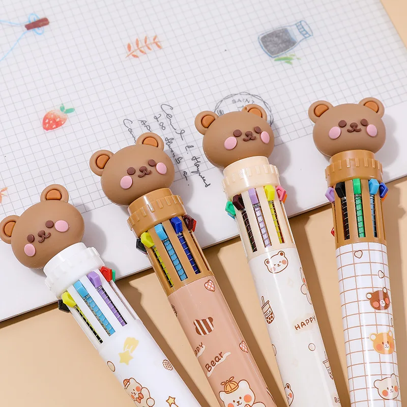 3/6/12/18Pcs Cute Bear 10-Color Cartoon Press Ballpoint Pen Student Multi-Color Handbook Graffiti Oil Pen - Assorted Colors