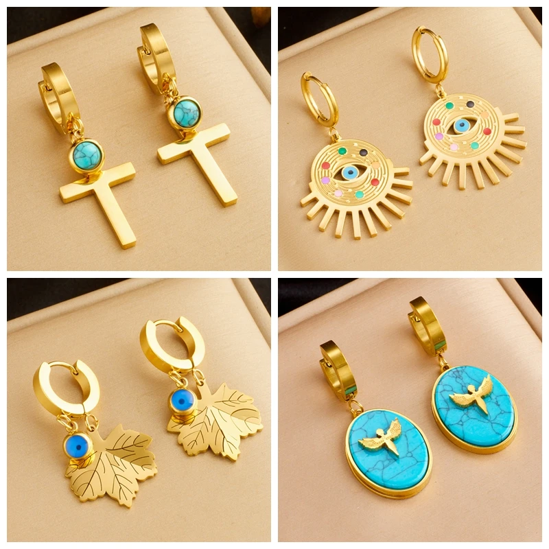 DIEYURO 316L Stainless Steel Leaf Cross Eyes Charm Earrings For Women Girl Fashion Waterproof Ear Buckle Jewelry Gift Party