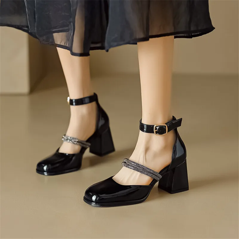 Patent Leather Summer Sandals Shoes for Women Cover Toe Sandals French Square Toe Chunky Heel Women Shoes Zapatos Mujer Handmade