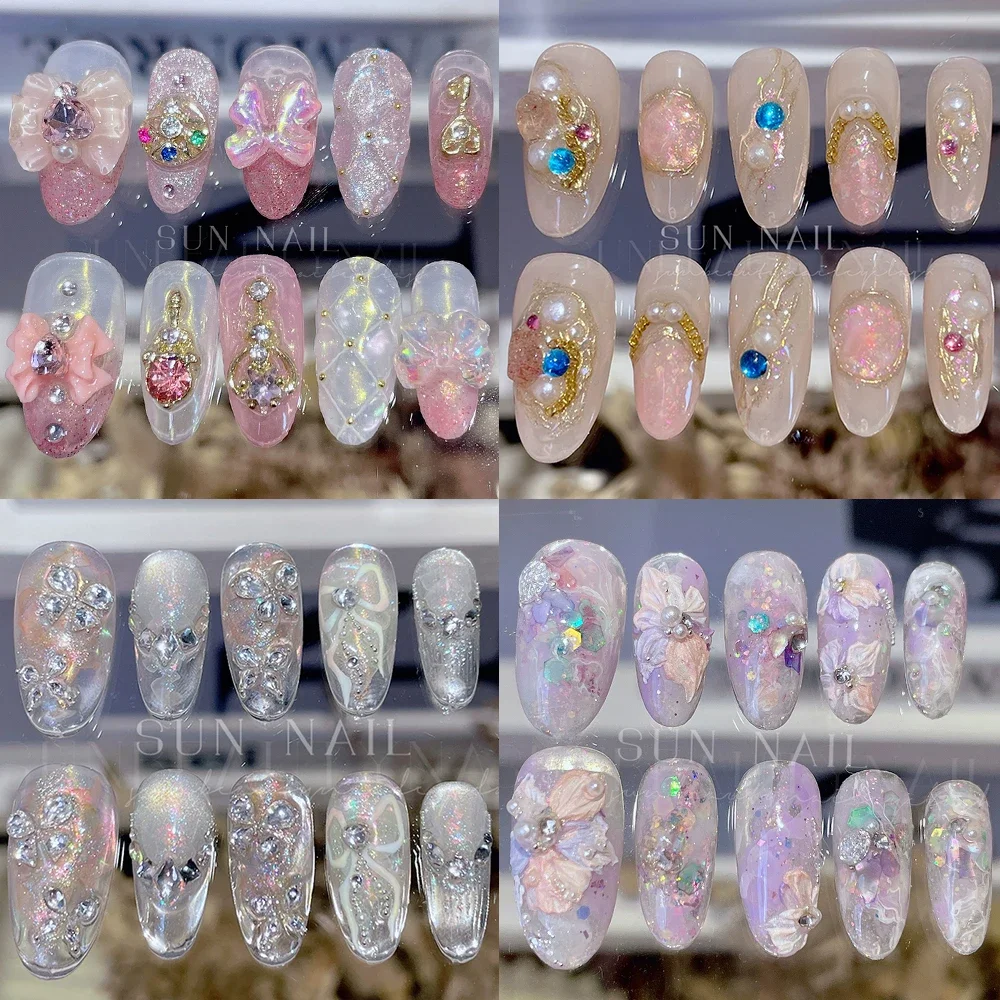 

Beautiful Luxury Glitter Diamond Handmade Full Cover Nails Tips Cat Eyes Flowers Pearl Bowknot Reusable Nail Party Stickers