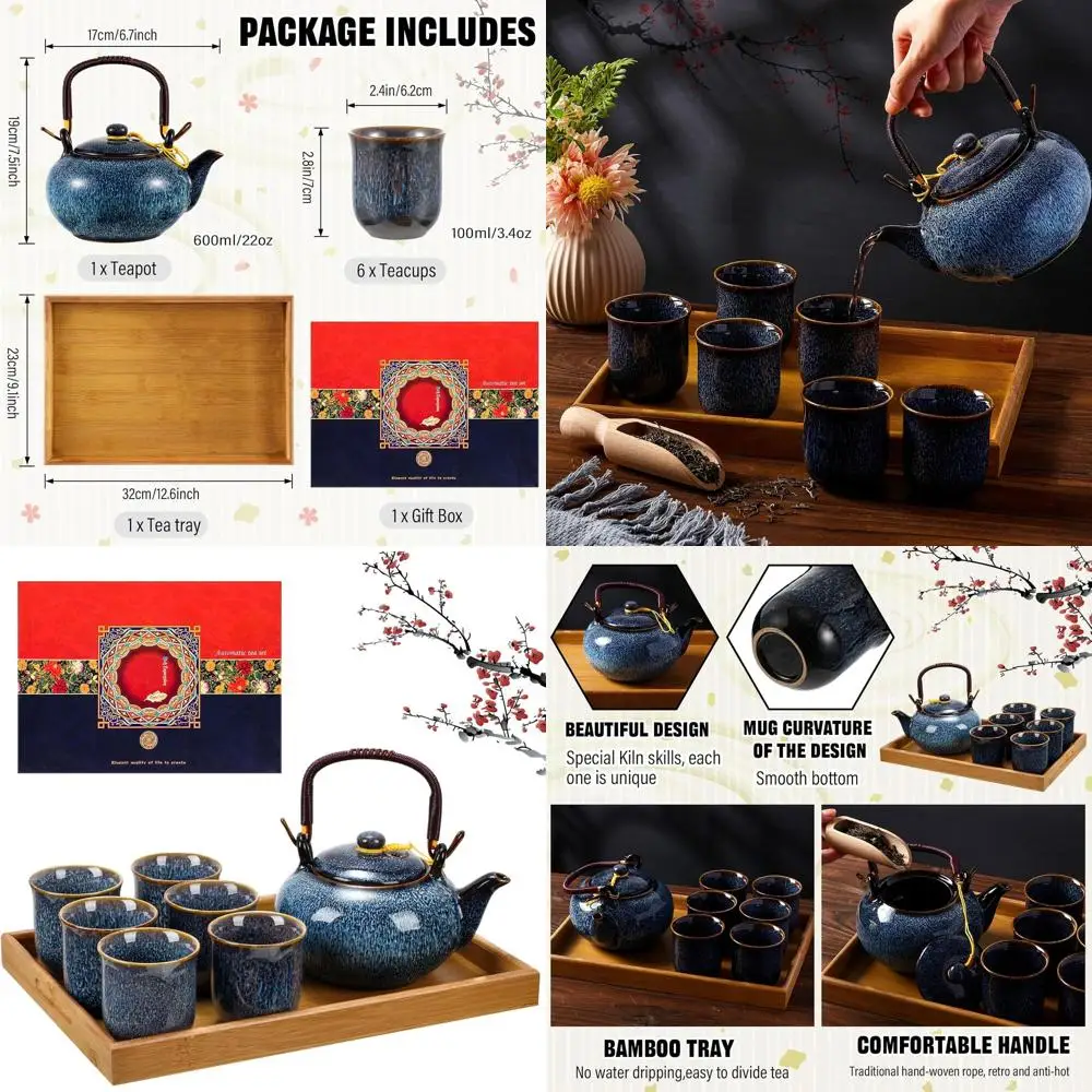 

Японский традиционный чайный сервиз из обожженного в печи фарфора для взрослых: 1 чайник, 6 чашек и поднос – идеальный подарок на День матери, синий