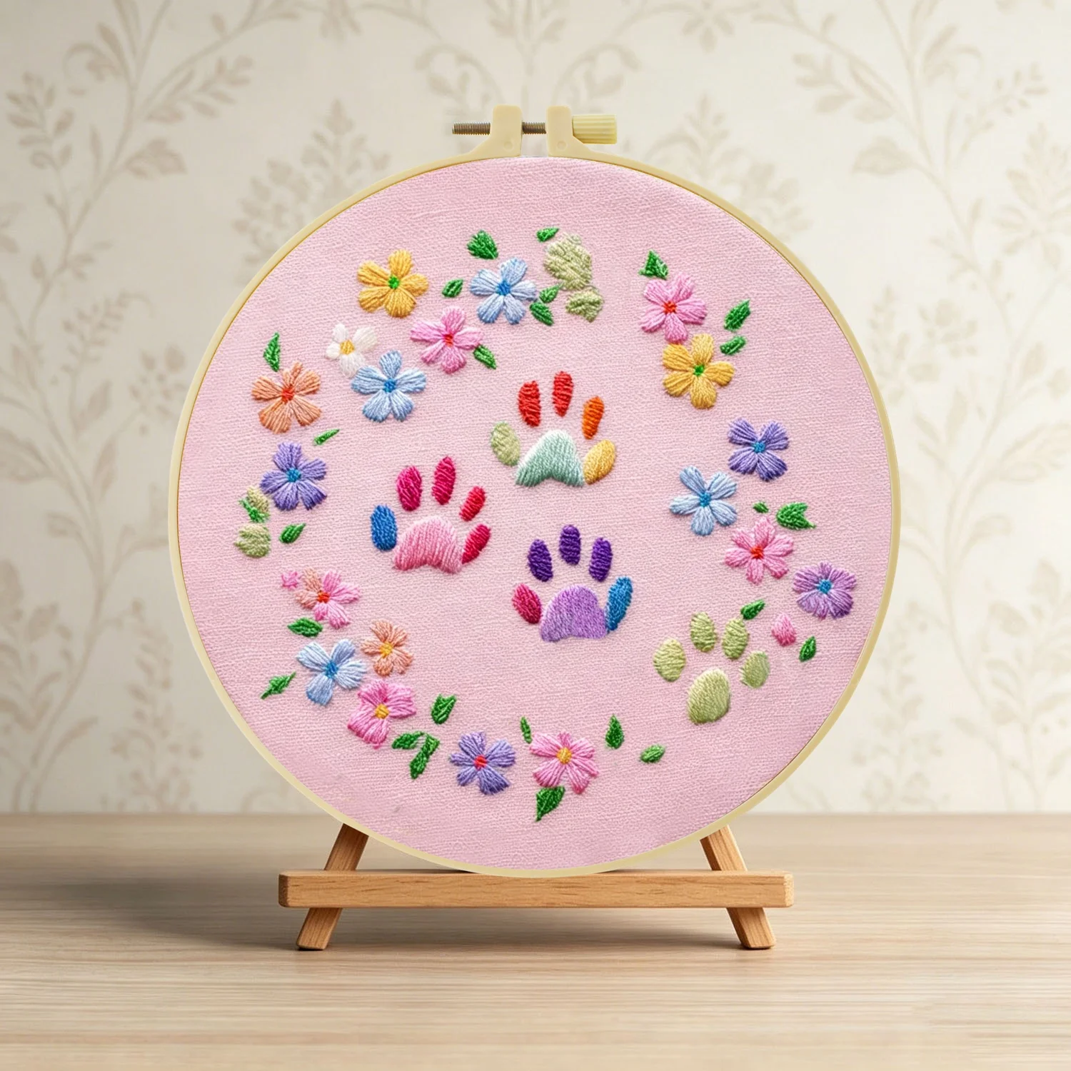 Bunte Pfotenabdrücke und Blumen 1 Stück DIY Stickerei-Material-Set für Anfänger Stickerei-Starter-Kit Kreuzstich-Kunst als Geschenk Neu – Detail 2
