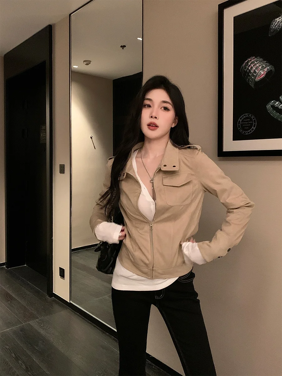 

Hechenxi American Retro Leather Velvet ort Jaet Women's Spring Autumn Casual Versatile Long Sve Top Ladies Faion