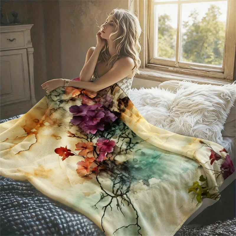 Cracked Floral Art Flannel Blanket Soft Warm Christmas Halloween Blanket for Lightweight Cozy Room Home Decor Gifts