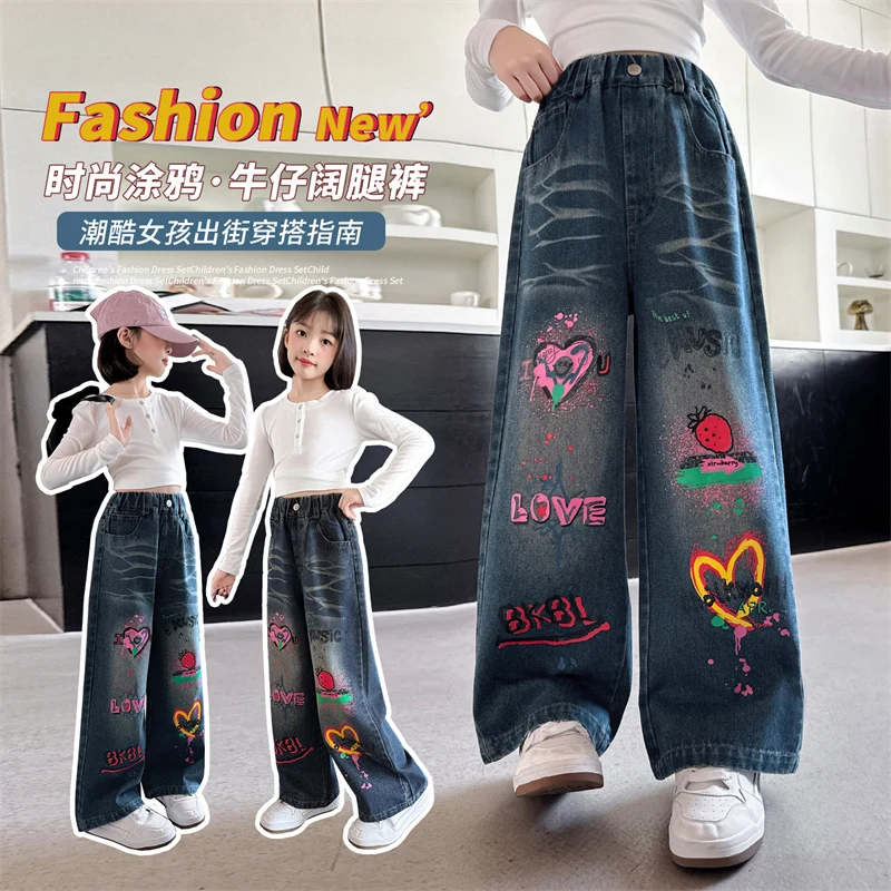 

Осень 2025 г., новый стиль, прямые джинсы с эскизом в виде сердца, игривые повседневные брюки в уличном стиле