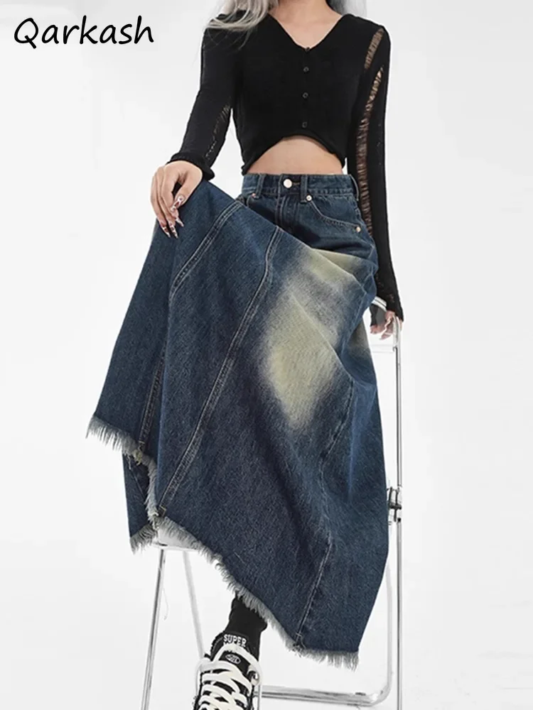 

Denim Skirts Women American Style High Street Contrast Color Spliced Irregular Tassel Vintage Nostalgic A-line All-match Autumn